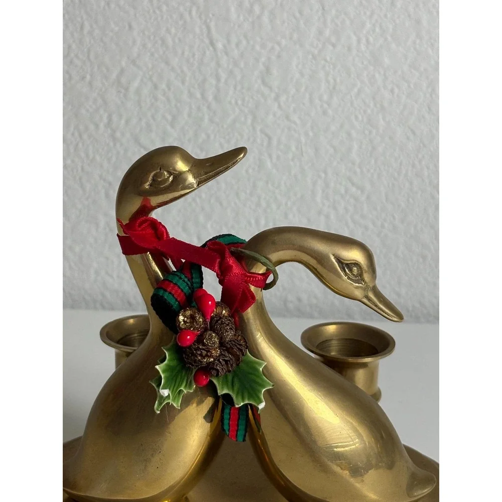 Vintage Brass Swan Candle Holder Double Bird Christmas